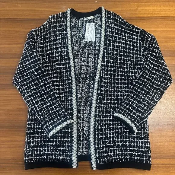 Alice + Olivia Bradford Beaded Open Front Cardigan, Tweed Embellished, Large NWT